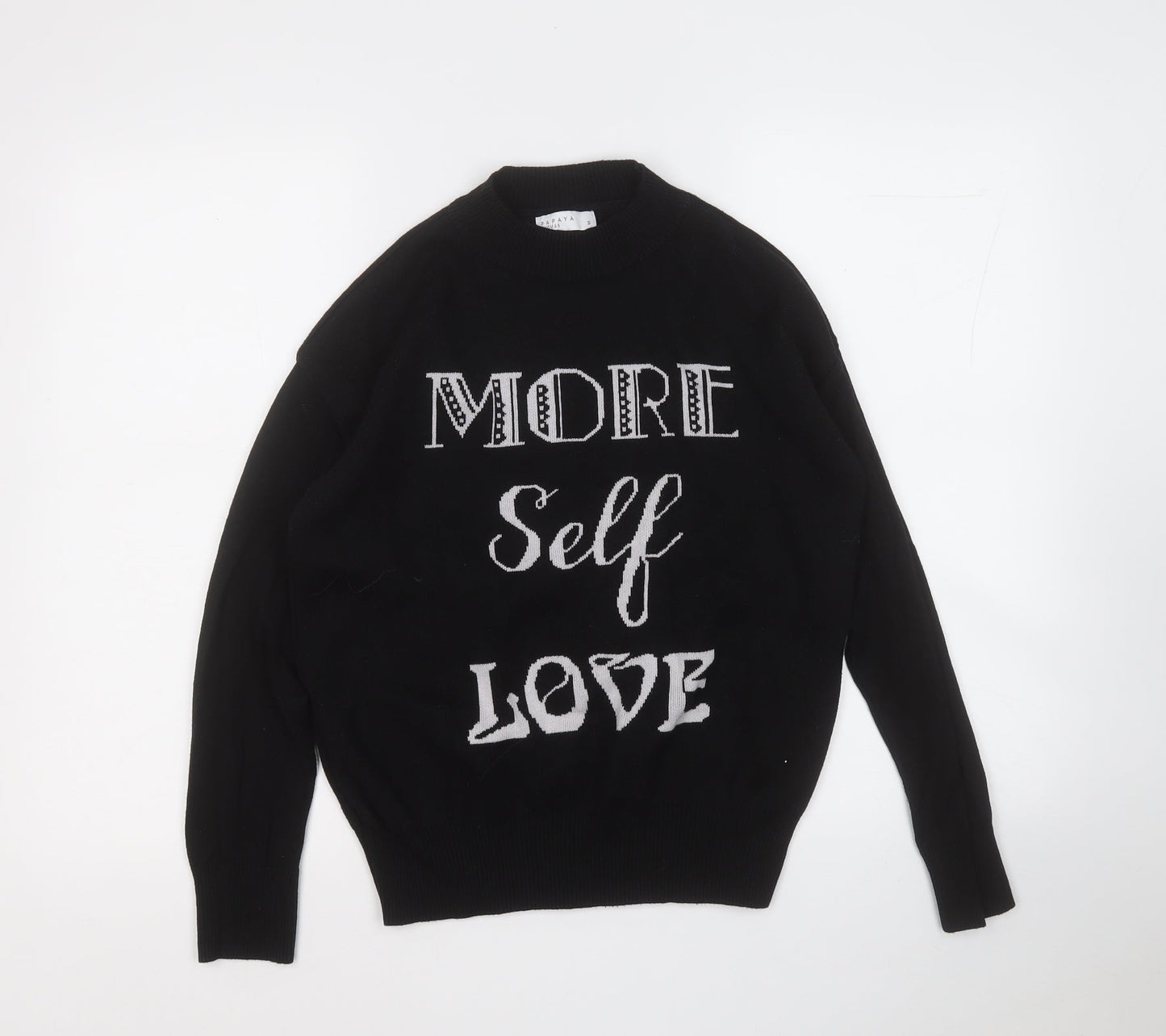 Papaya Womens Black Mock Neck  Cotton Pullover Jumper Size S   - More Self Love