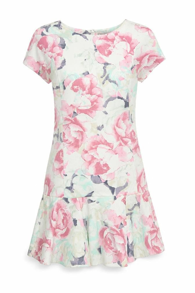 Marks & Spencer Womens White Floral Polyester Pencil Dress  Size 6  Boat Neck Zip