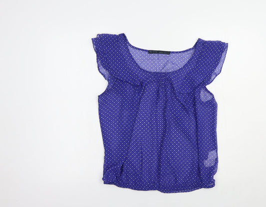 Zara Womens Blue Geometric Polyester Basic Blouse Size L Scoop Neck