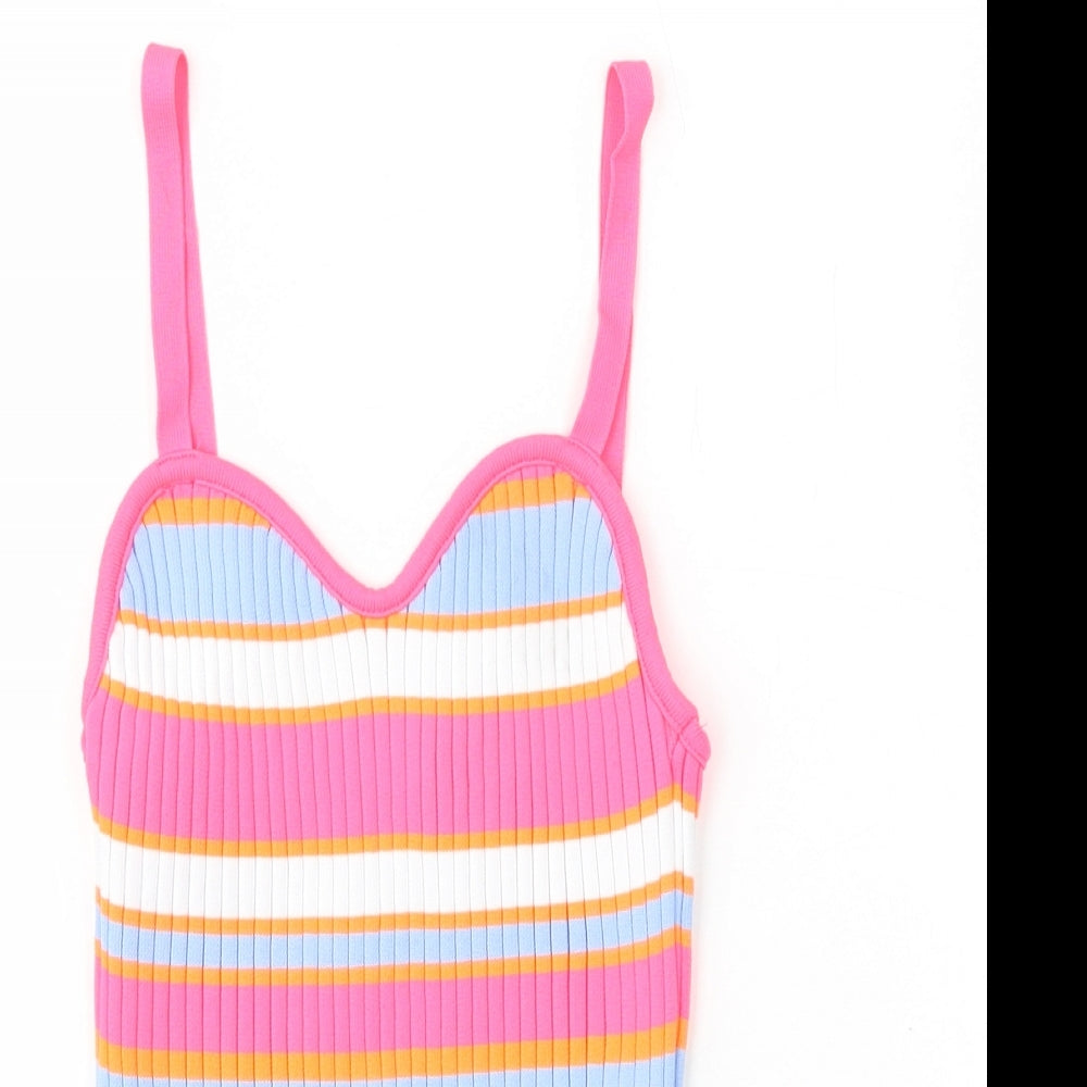 Savida Womens Multicoloured Striped Polyester Basic Tank Size XS V-Neck