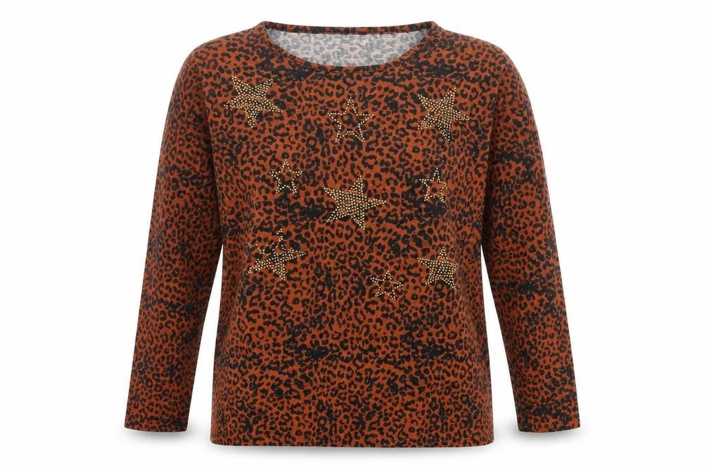 Text. Womens Orange Animal Print Polyester Basic T-Shirt Size L Crew Neck