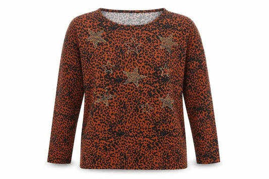 Text. Womens Orange Animal Print Polyester Basic T-Shirt Size L Crew Neck