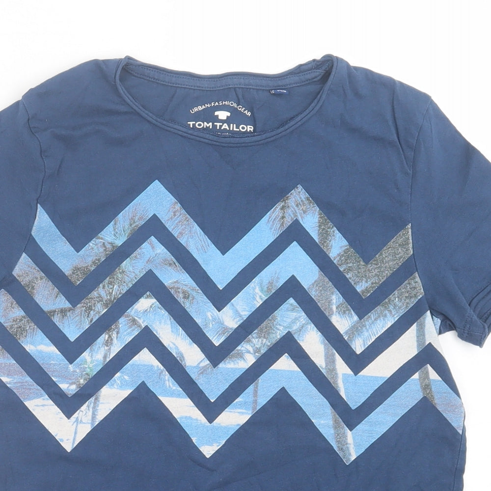 TOM TAILOR Boys Blue Geometric Cotton Basic T-Shirt Size 10 Years Crew Neck Pullover