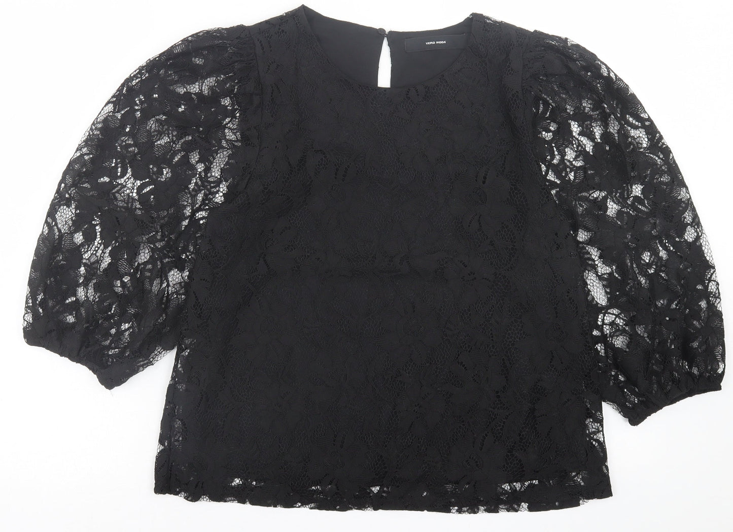 VERO MODA Womens Black Floral Polyester Basic Blouse Size M Crew Neck