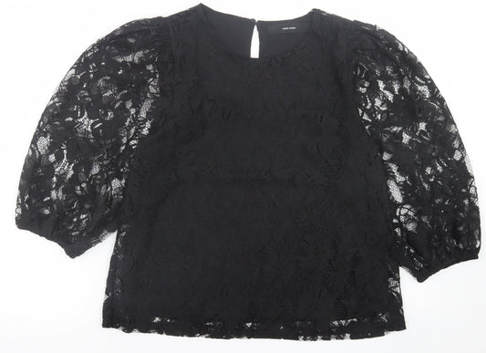 VERO MODA Womens Black Floral Polyester Basic Blouse Size M Crew Neck