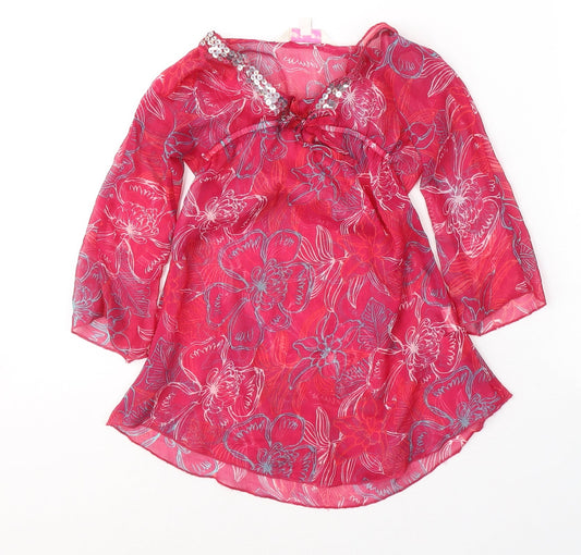 girl2girl Girls Pink Floral Polyester Tunic Blouse Size 5-6 Years V-Neck Pullover