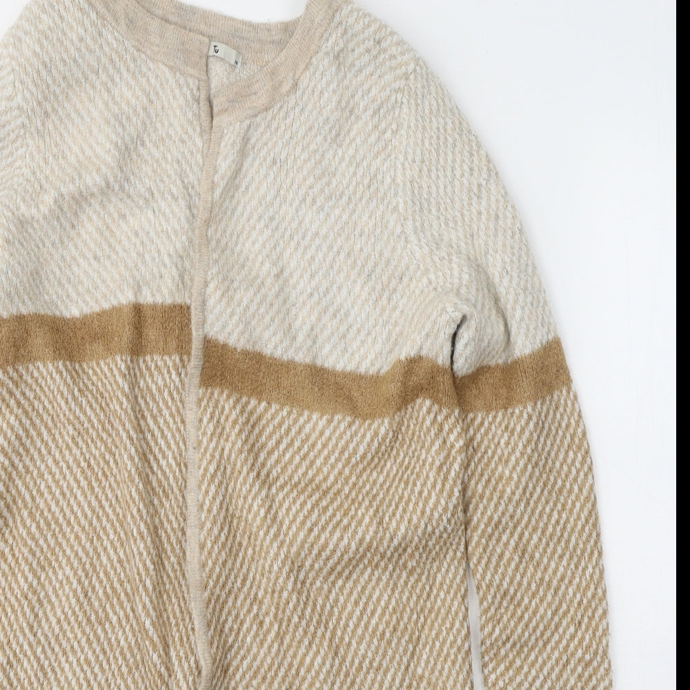TU Womens Beige V-Neck Geometric Acrylic Cape Jumper Size 10