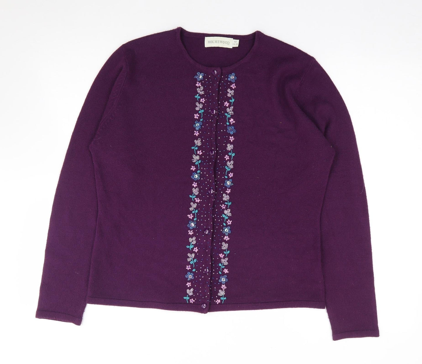 Holmewood Womens Purple Crew Neck Floral Acrylic Cardigan Jumper Size M