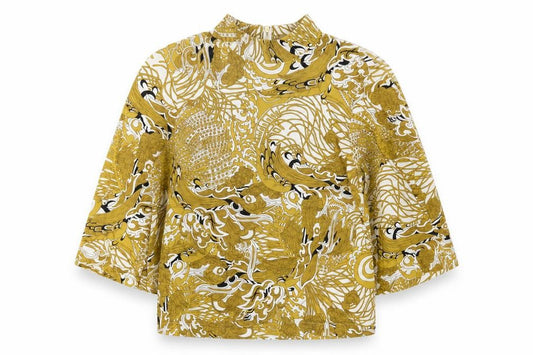 H&M Womens Yellow Floral Viscose Jersey Blouse Size 6 High Neck