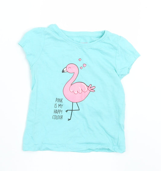 Primark Girls Green  Cotton Basic T-Shirt Size 12-18 Months Crew Neck  - Flamingo