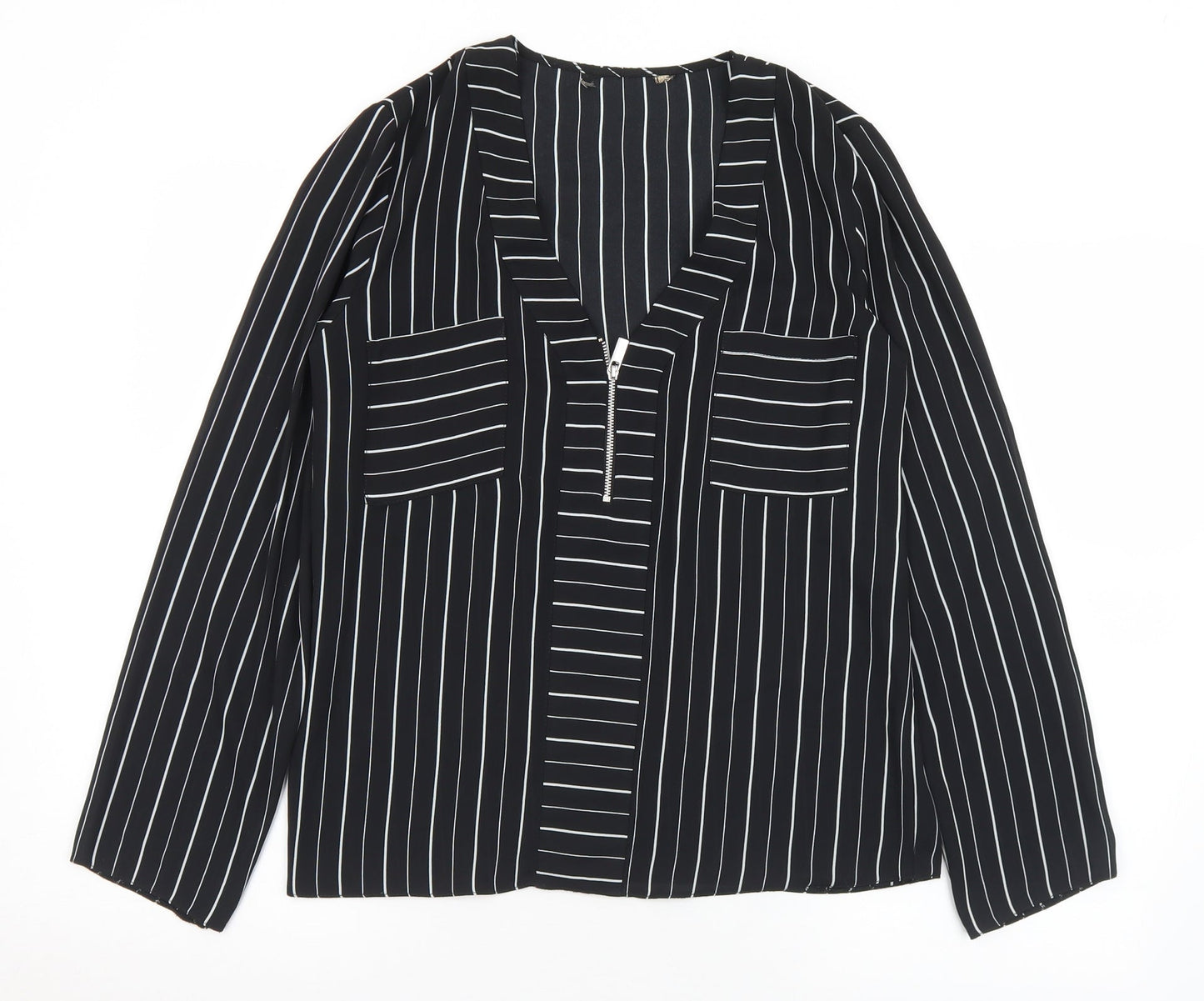 Preworn Womens Black Striped Polyester Basic Blouse Size S V-Neck