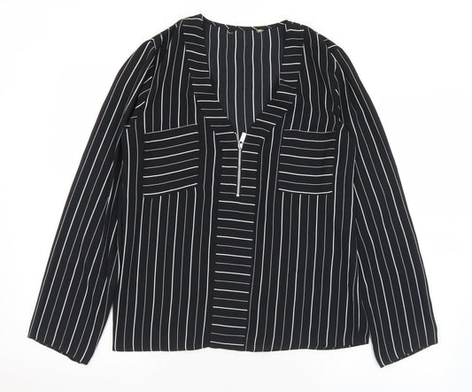Preworn Womens Black Striped Polyester Basic Blouse Size S V-Neck