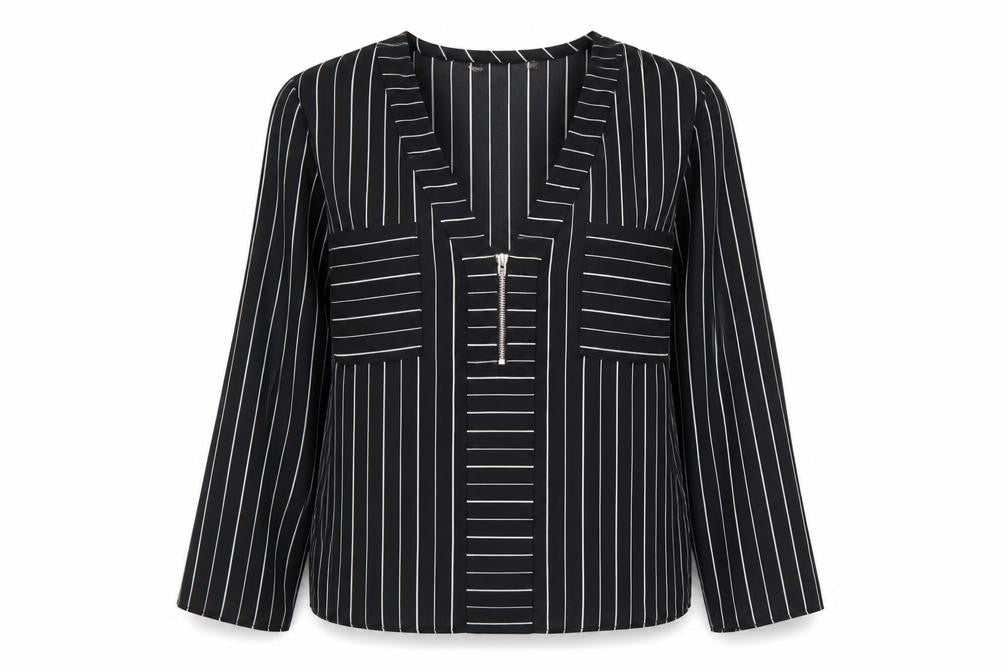 Preworn Womens Black Striped Polyester Basic Blouse Size S V-Neck