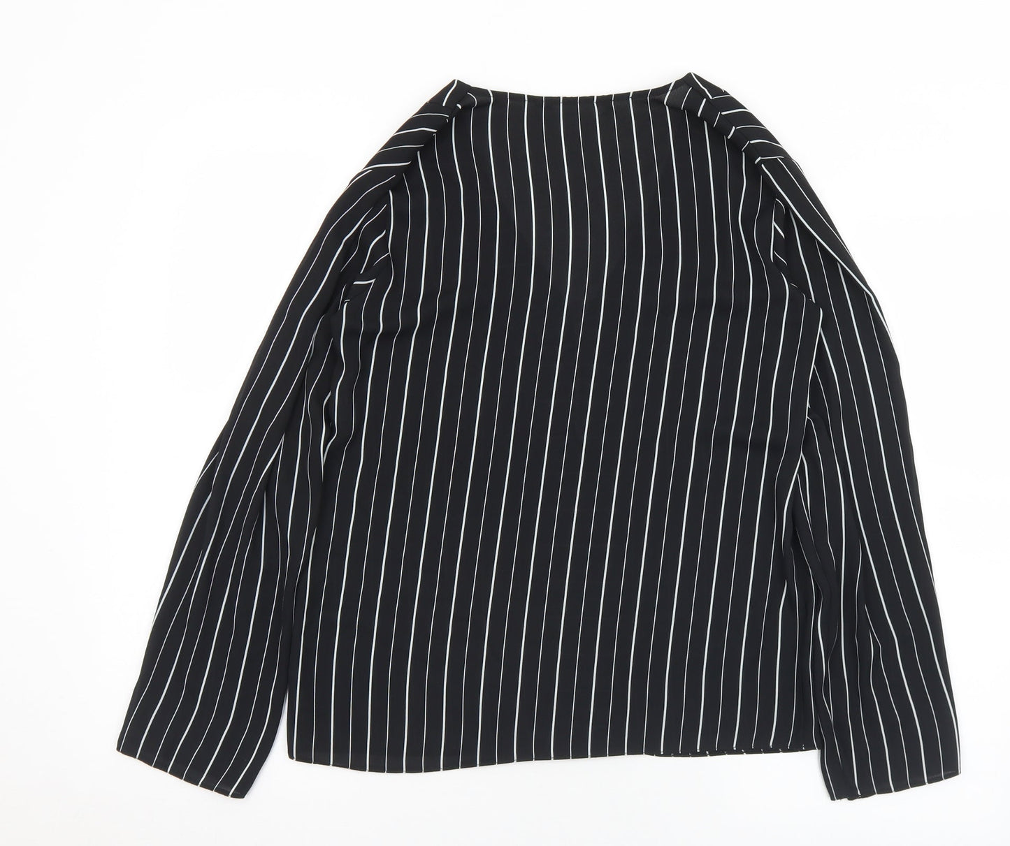 Preworn Womens Black Striped Polyester Basic Blouse Size S V-Neck