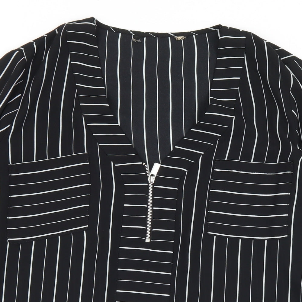 Preworn Womens Black Striped Polyester Basic Blouse Size S V-Neck