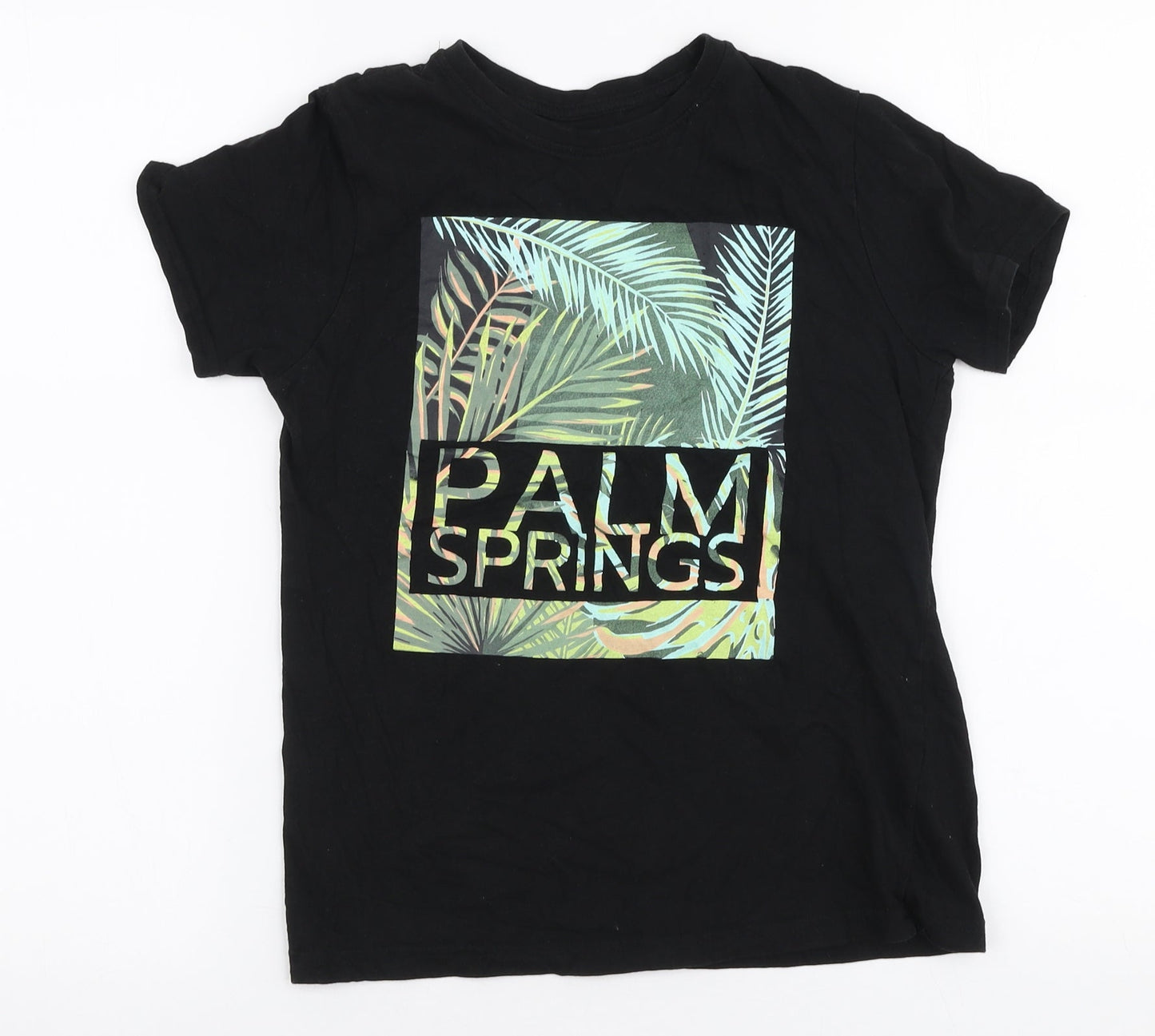 Primark Boys Black  100% Cotton Jersey T-Shirt Size 9-10 Years Round Neck Pullover - Palm springs