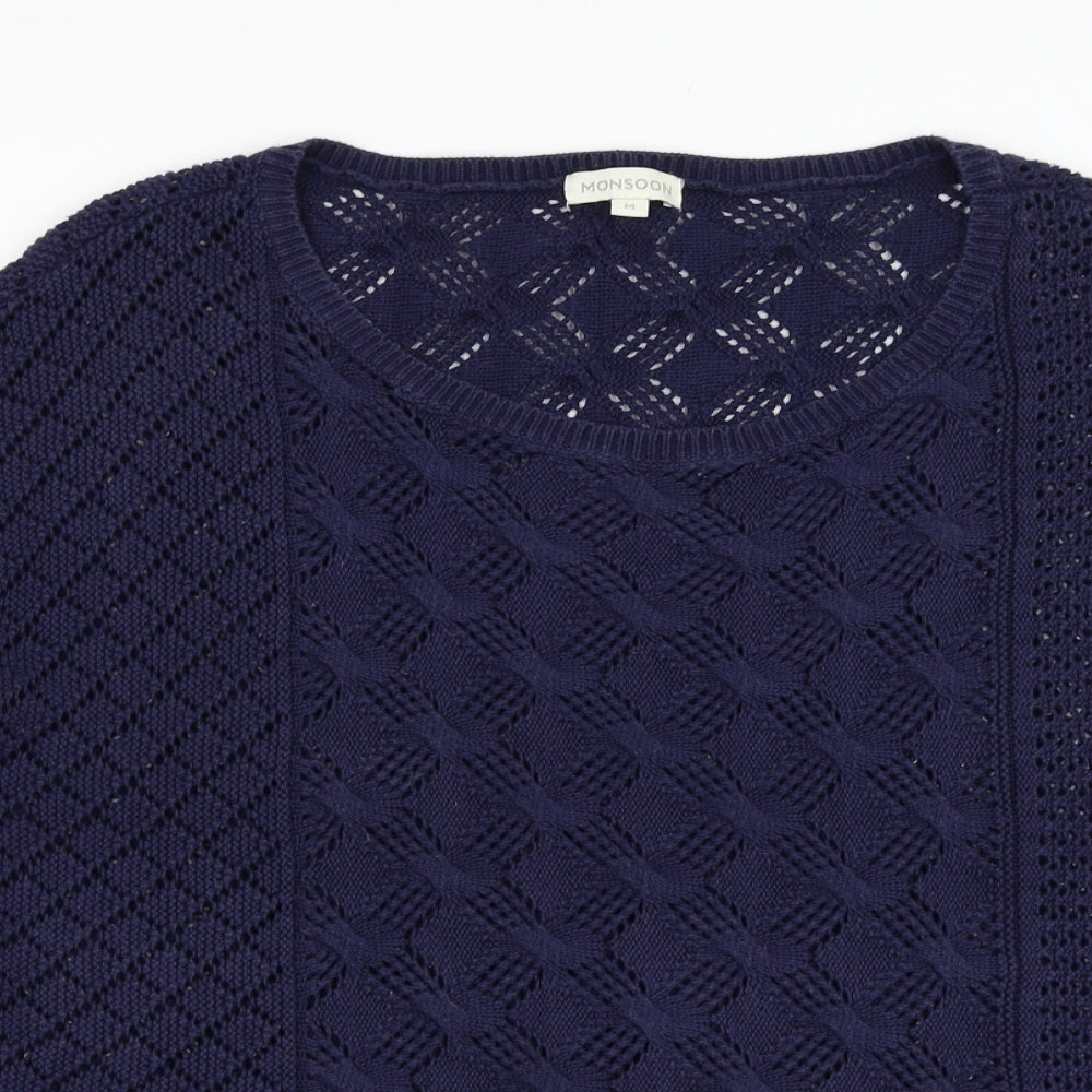 Monsoon Womens Blue Round Neck  Cotton Pullover Jumper Size M