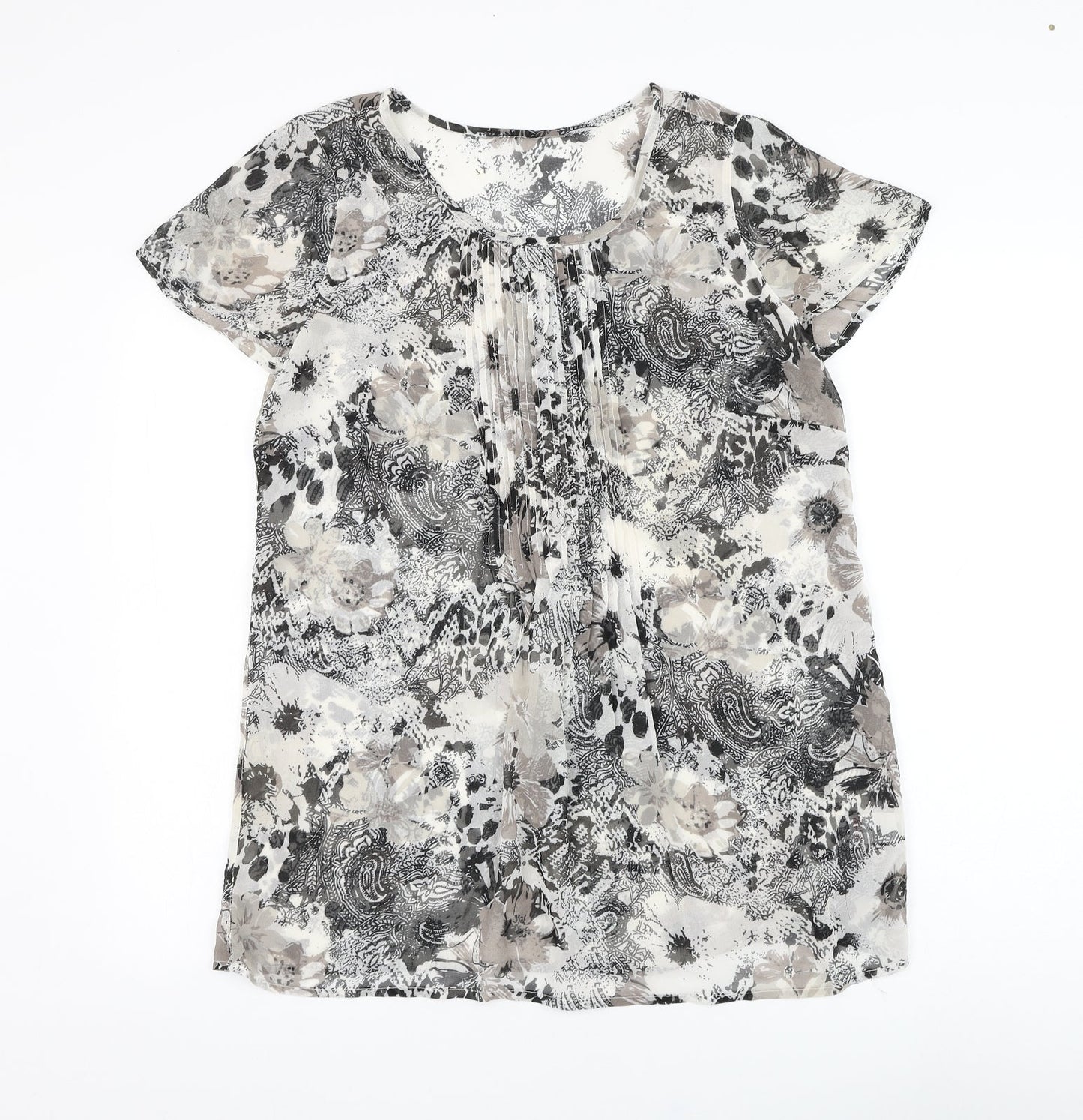 Preworn Womens White Floral Polyester Basic Blouse Size 14 Round Neck