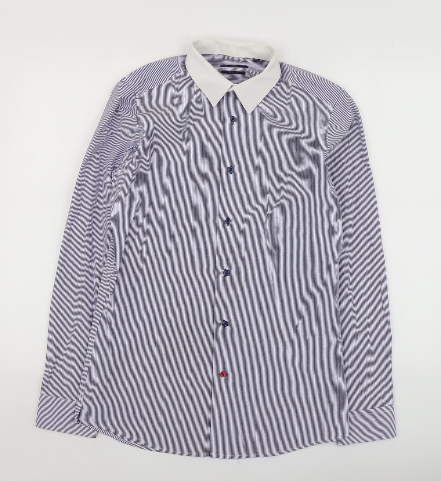 NEXT Mens Blue Striped Polyester  Button-Up Size 15 Collared
