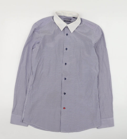 NEXT Mens Blue Striped Polyester  Button-Up Size 15 Collared