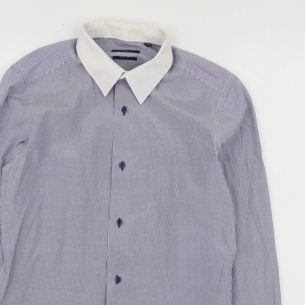 NEXT Mens Blue Striped Polyester  Button-Up Size 15 Collared