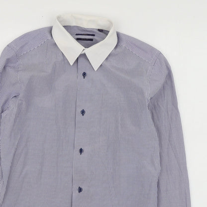 Next Mens Blue Striped Polyester  Button-Up Size 15 Collared