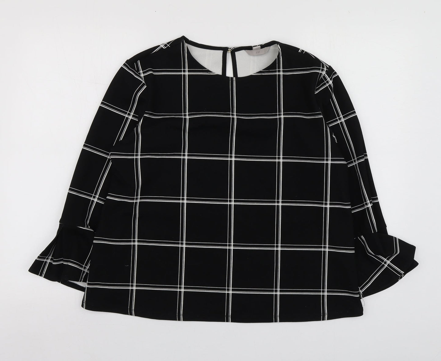 H&M Womens Black Check Polyester Basic Blouse Size M Round Neck