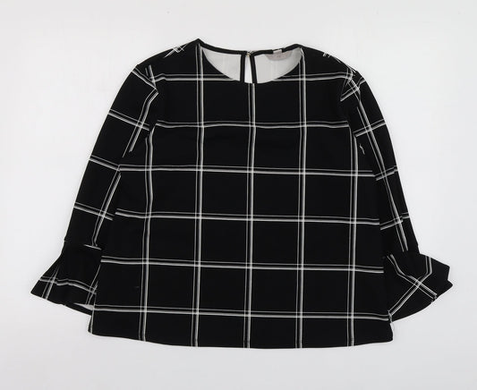 H&M Womens Black Check Polyester Basic Blouse Size M Round Neck