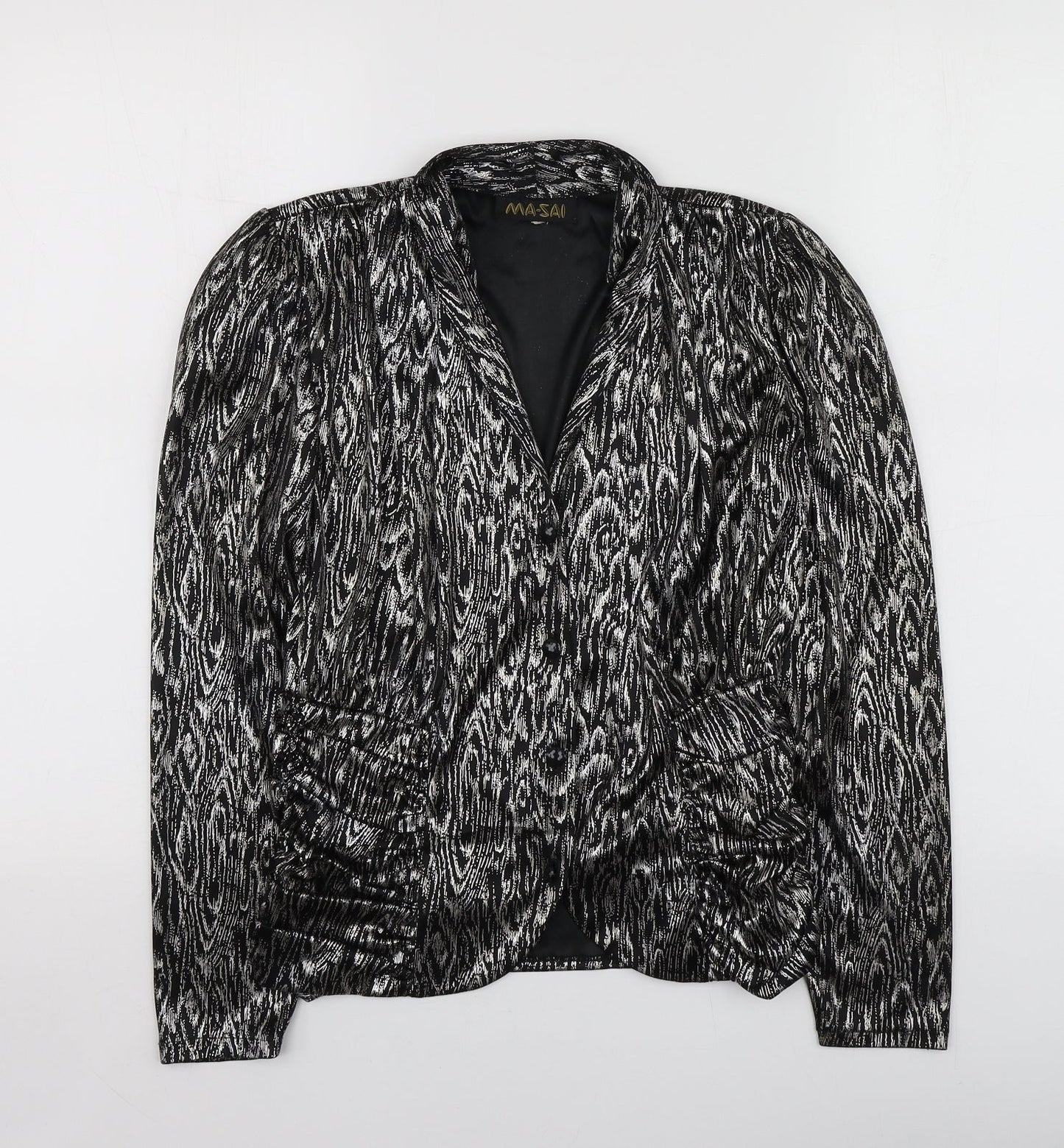 Ma-Sai Womens Black Geometric Polyester Jacket Blazer Size 10