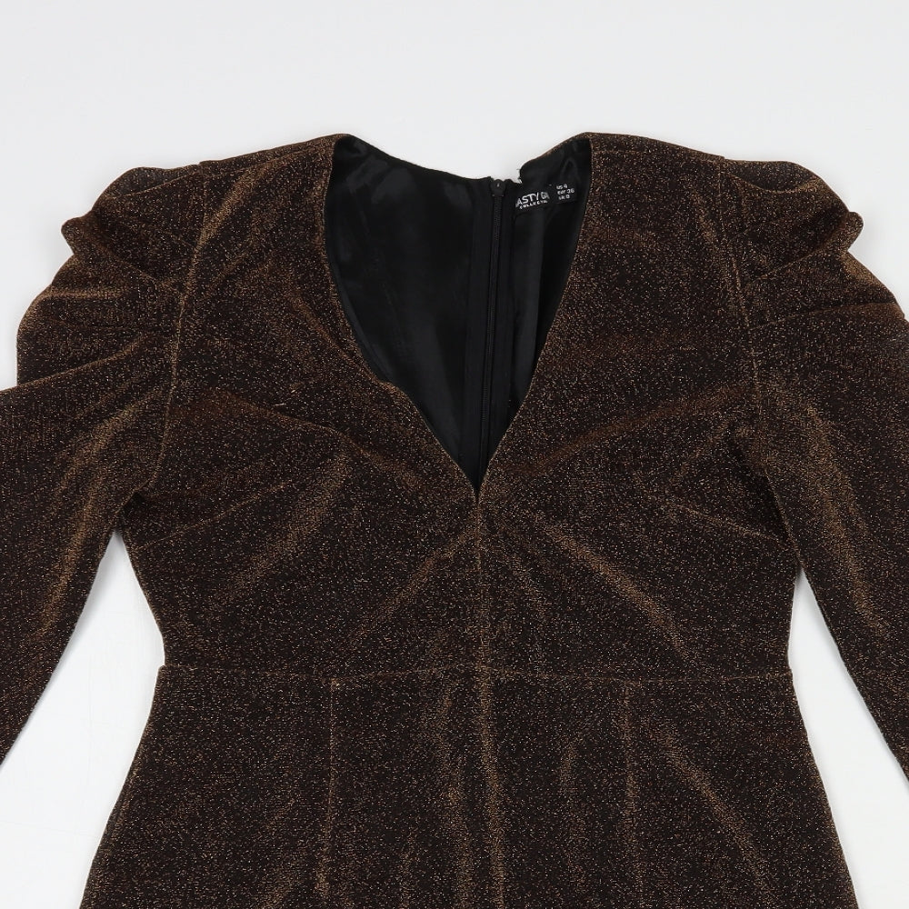 Nasty Gal Womens Brown  Polyester Mini  Size 8  V-Neck Zip