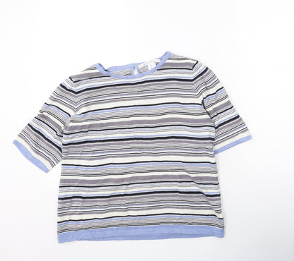 Preloved wax studio Womens Blue Striped Cotton Basic T-Shirt Size L Round Neck - Front