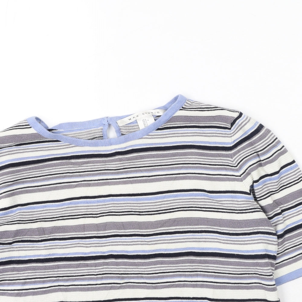 wax studio Womens Blue Striped Cotton Basic T-Shirt Size L Round Neck