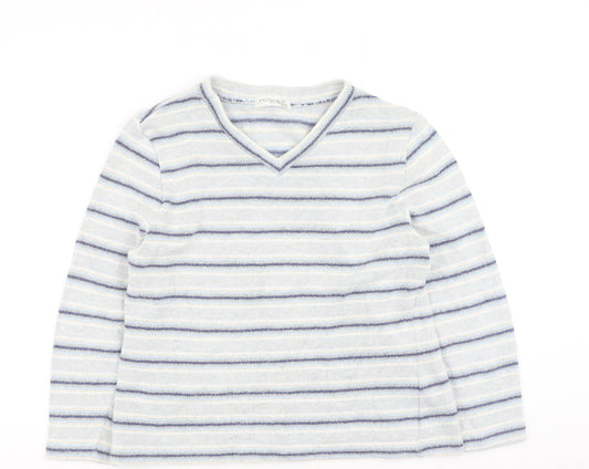 David Nieper Mens Blue V-Neck Striped Cotton Pullover Jumper Size S