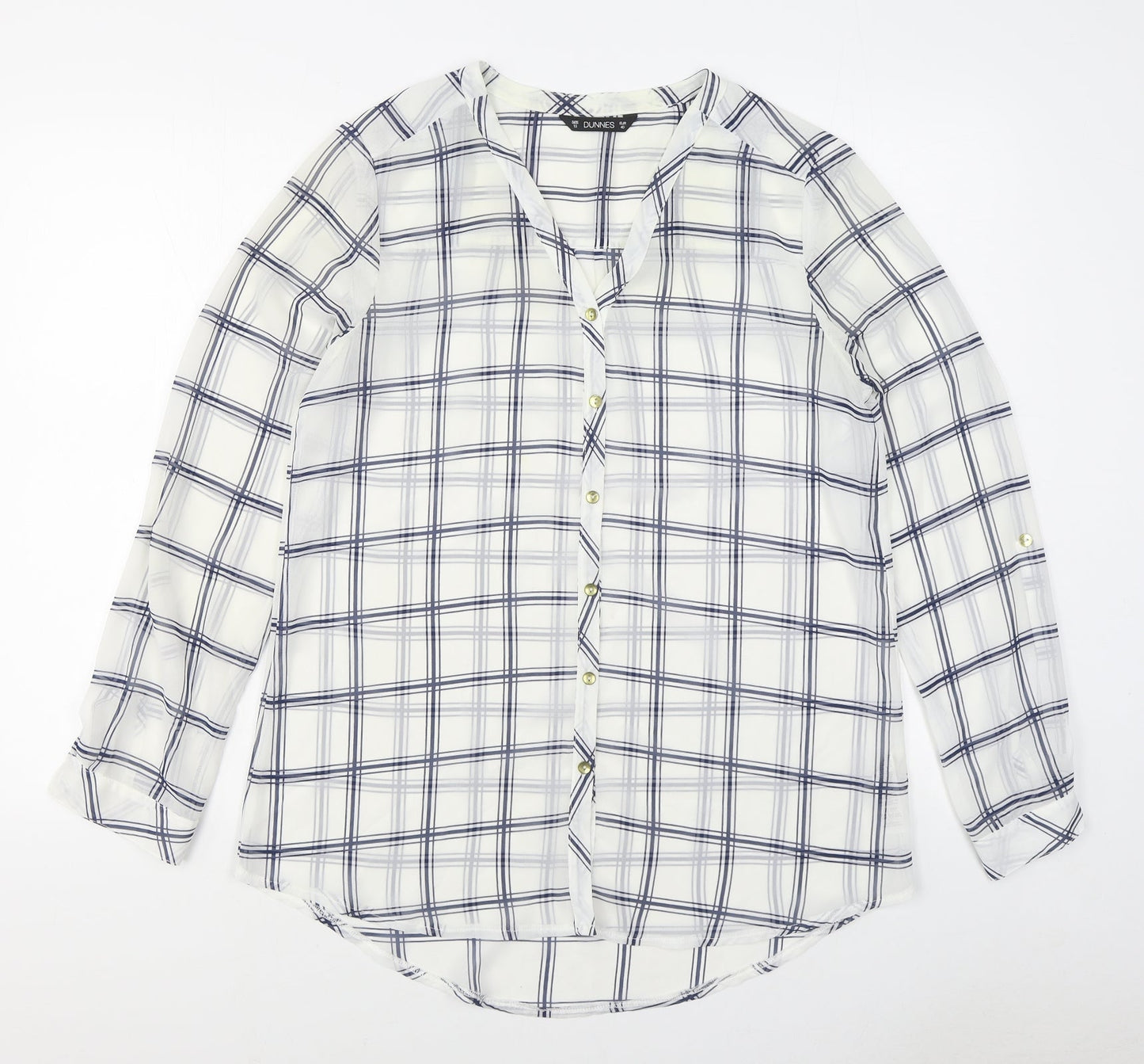 Dunnes Stores Womens White Plaid Polyester Basic Button-Up Size 12 Collared