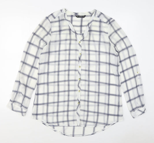 Dunnes Stores Womens White Plaid Polyester Basic Button-Up Size 12 Collared