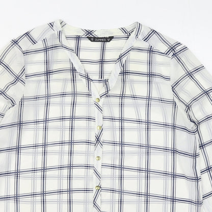 Dunnes Womens White Plaid Polyester Basic Button-Up Size 12 Collared