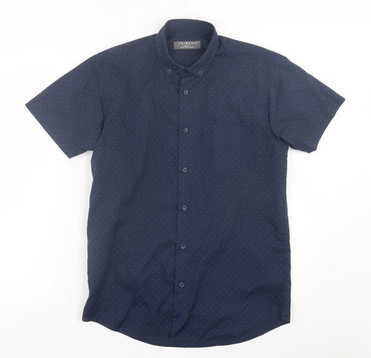 Primark Mens Blue Polka Dot Polyester  Button-Up Size S Collared Button