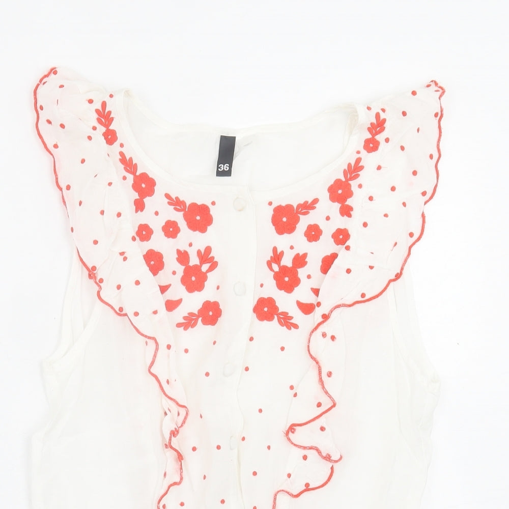 H&M Womens White Geometric Polyester Basic T-Shirt Size 10 Crew Neck