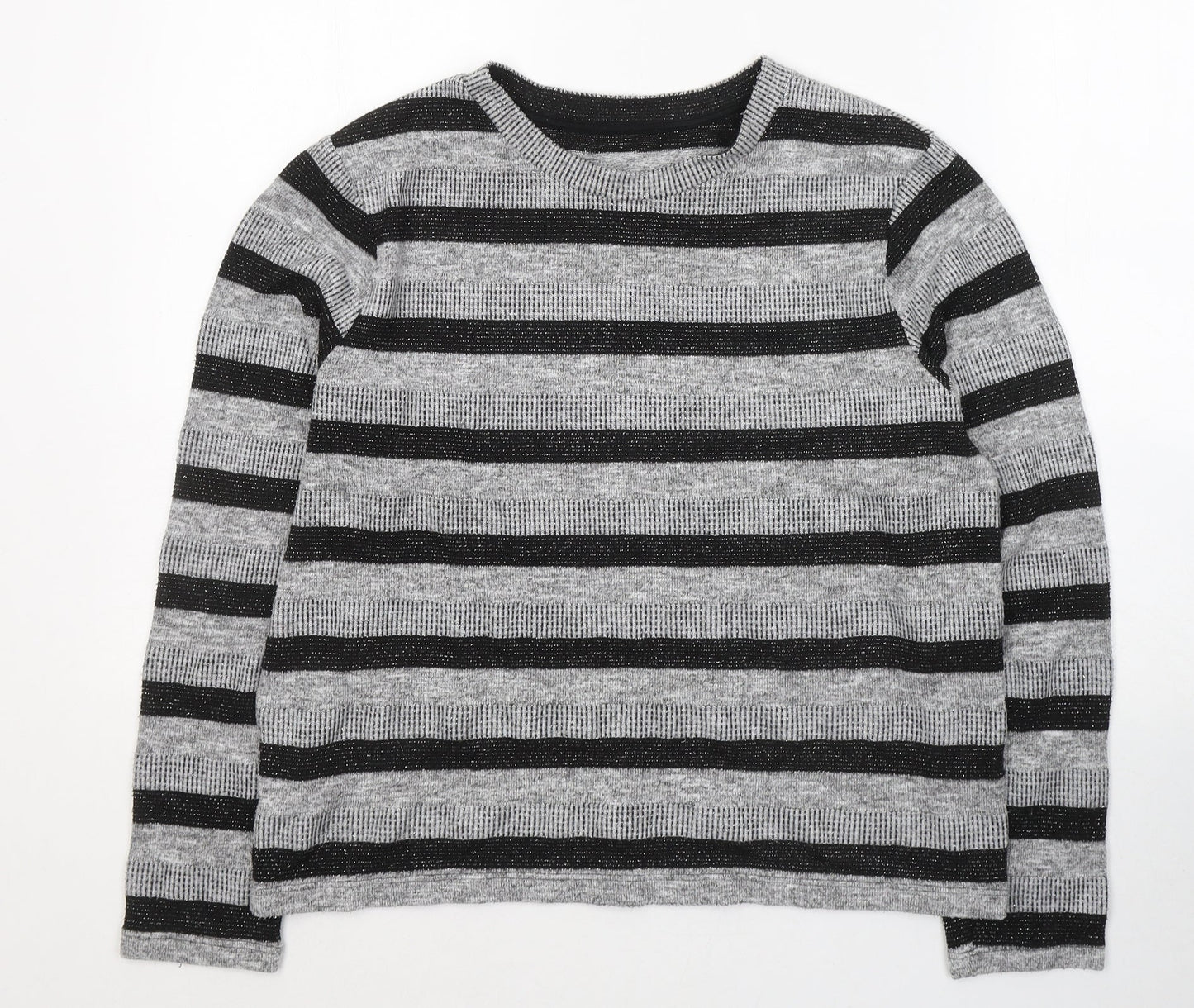 Marks and Spencer Womens Grey Round Neck Striped Polyester Pullover Jumper Size 16