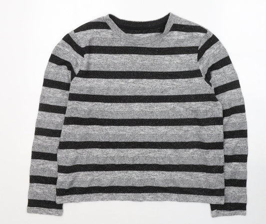 Marks and Spencer Womens Grey Round Neck Striped Polyester Pullover Jumper Size 16