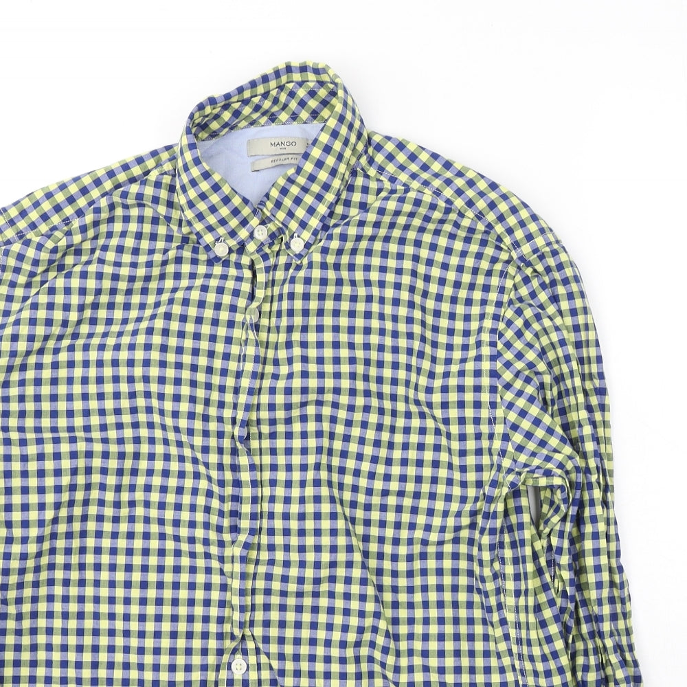 Mango Mens Blue Plaid Cotton  Button-Up Size S Collared Button