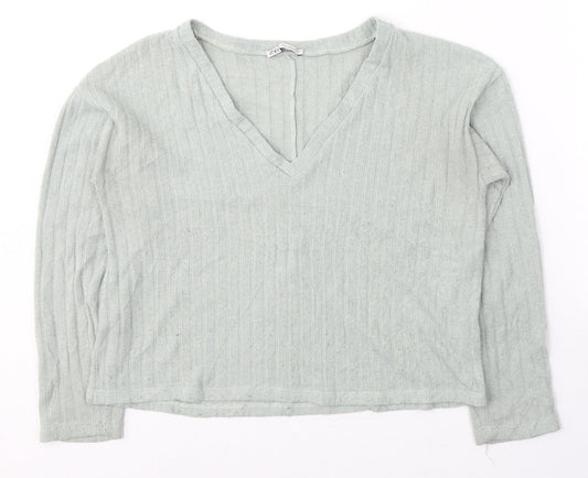 Zara Womens Green  Polyester Jersey T-Shirt Size S V-Neck