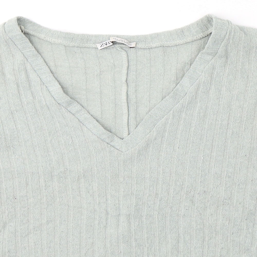 Zara Womens Green  Polyester Jersey T-Shirt Size S V-Neck