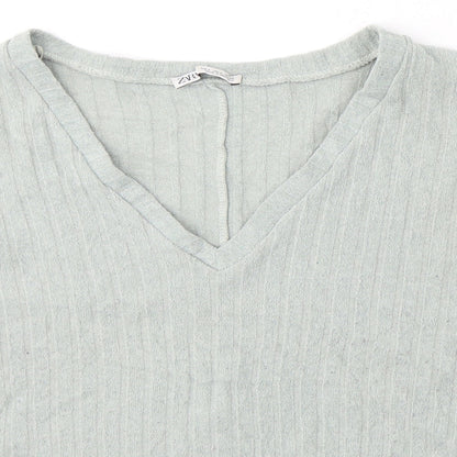 Zara Womens Green  Polyester Jersey T-Shirt Size S V-Neck