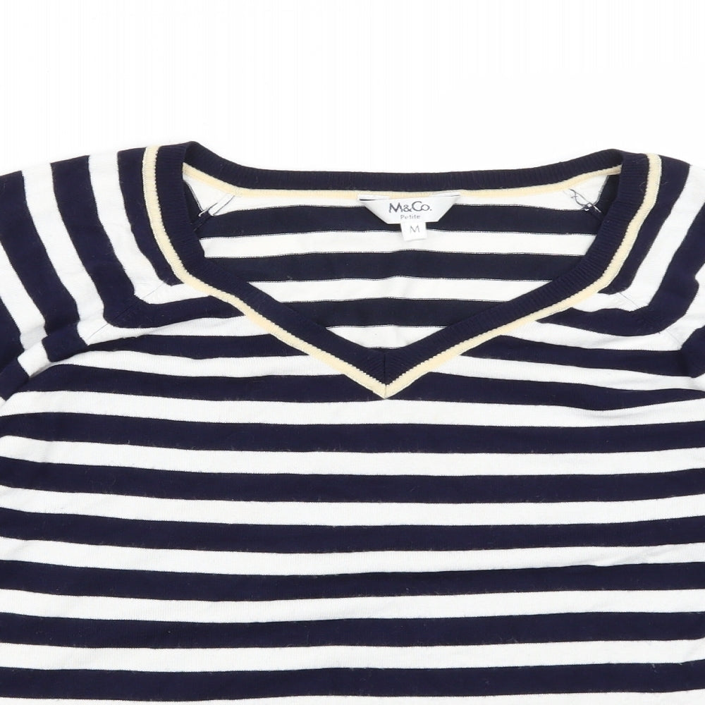 M&Co Womens Blue V-Neck Striped Viscose Pullover Jumper Size M