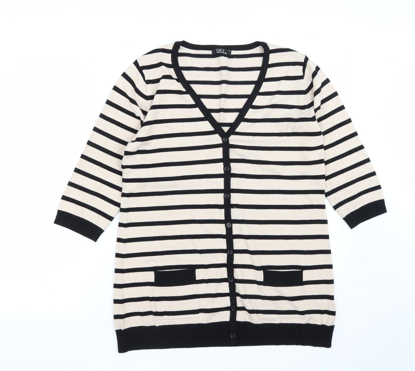 Sky Womens Black V-Neck Striped Viscose Cardigan Jumper Size M