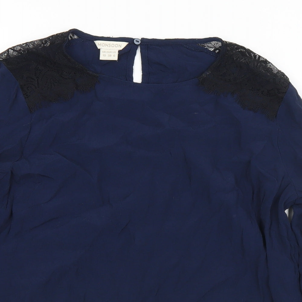 Monsoon Womens Blue  Nylon Basic Blouse Size 10 Round Neck
