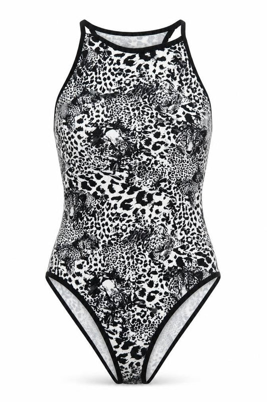 Topshop Womens Black Animal Print Polyester Bodysuit One-Piece Size 8  Snap