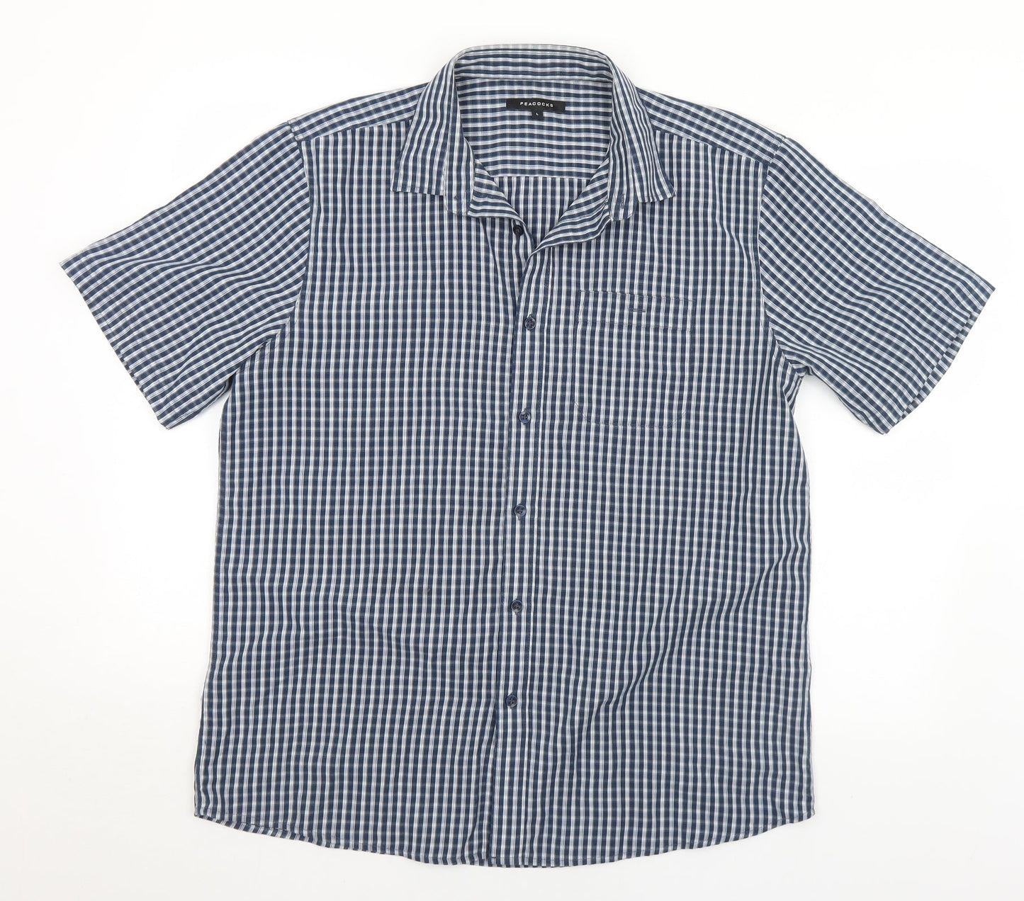Peacocks  Mens Blue Check Polyester  Button-Up Size L Collared Button