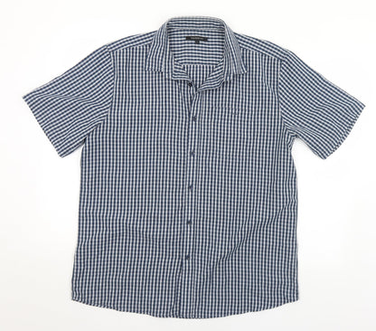 Peacocks Mens Blue Check Polyester  Button-Up Size L Collared Button